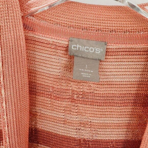 Chico's Size 1 Medium Pink Striped Open Front Embroidered Cardigan Sweater - Picture 7 of 8